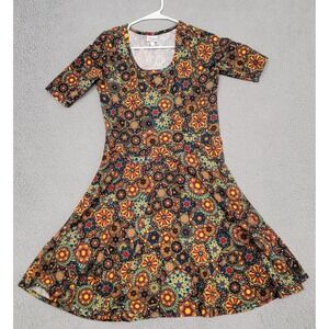 LuLaRoe Dress Womens Large Multicolor Geometric Floral Stretch Fit‎ & Flare Boho